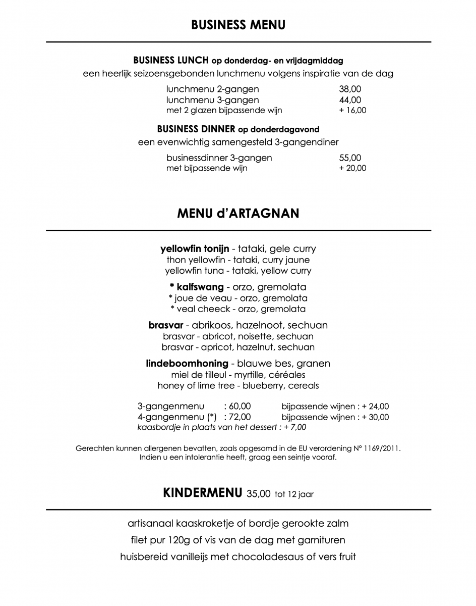 d'Artagnan - menu's